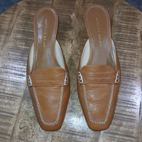 Antonio Melani "Nantucket" Brown Leather Loafer Mules Heels 6M Classic Style - Picture 5 of 12